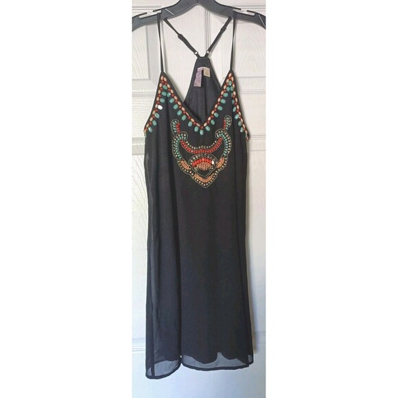 Alya Dresses & Skirts - Alya Sheer Dress Size Small Black  Turquoise Beaded Neckline Spaghetti Strap